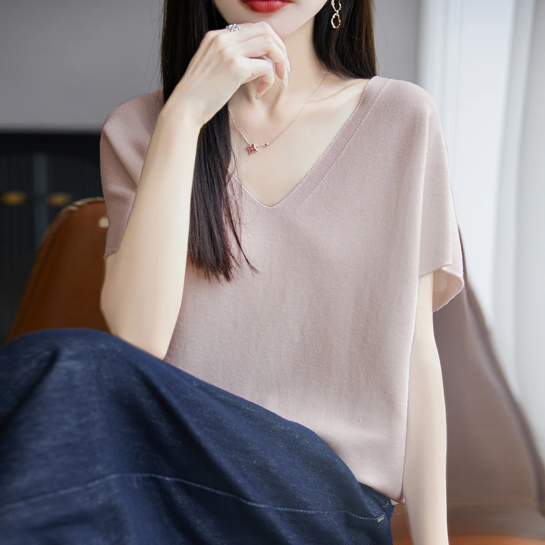 胖mm夏装大码冰丝针织衫女士短袖t恤2025新款遮肚子巨显瘦v领上衣