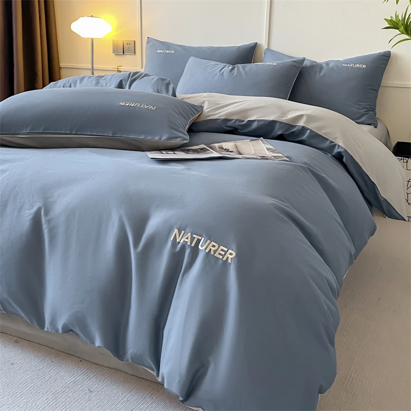 全棉纯色双拼四件套四季通用单人床品套件双人被套全棉被罩床单