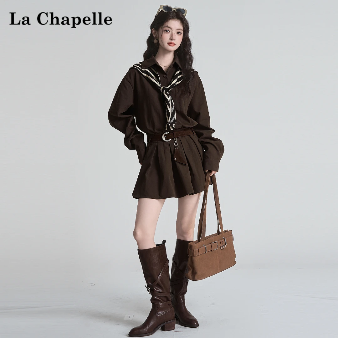 拉夏贝尔设计感条纹披肩长袖衬衫连衣裙女装秋季时髦洋气通勤裙子