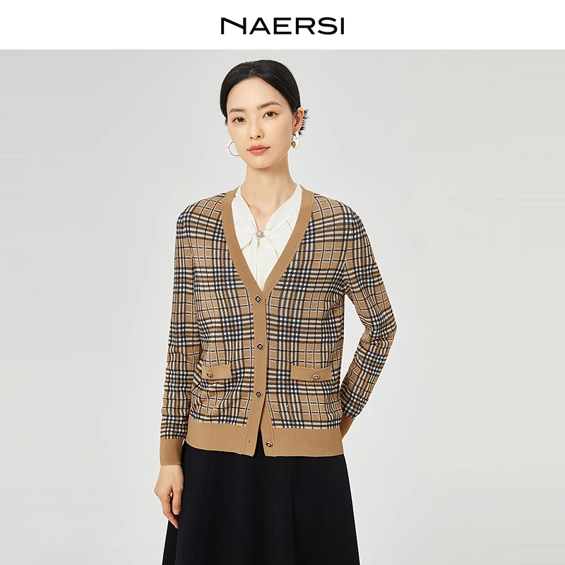 NAERSI/娜尔思气质V领时尚格子针织衫女2025春季新款通勤修身上衣