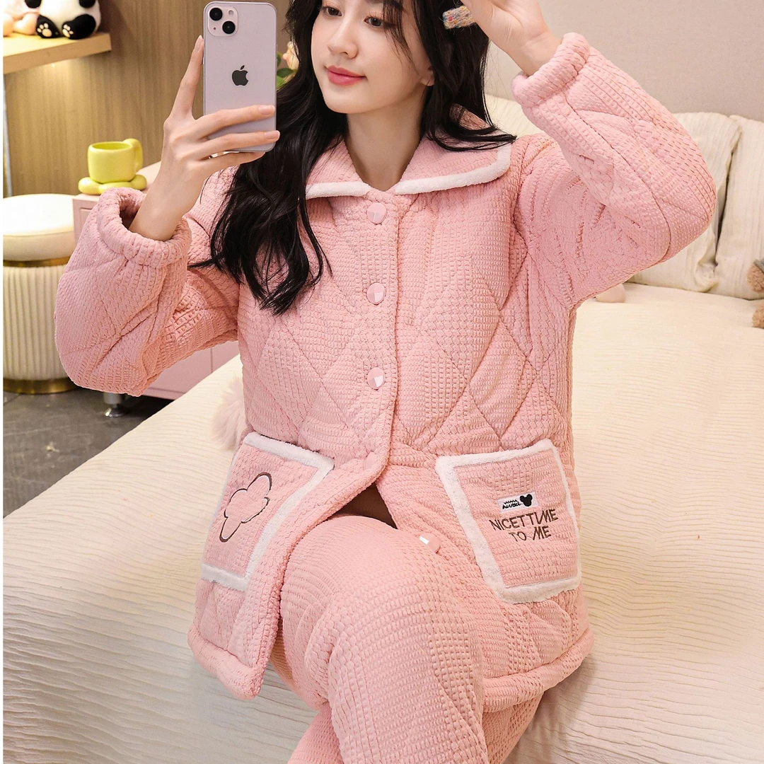 801-810年末甩货睡衣女冬季冬款三层加厚加绒夹棉珊瑚绒秋冬家