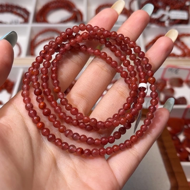 南红玛瑙未镶嵌手链满玫红4mm小米珠多圈
