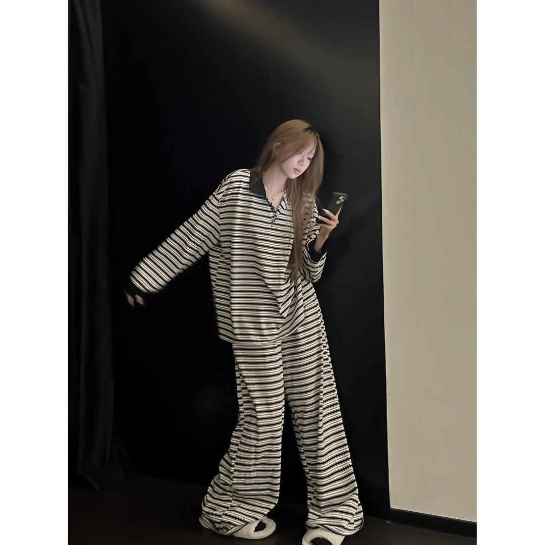 韩版条纹撞色长袖睡衣女款秋季新款宽松显瘦长裤家居服套装可外穿
