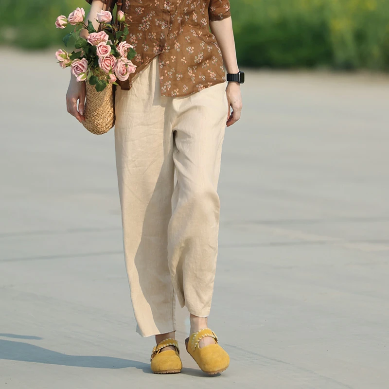 澳希美亚麻女装春夏季舒适透气长裤文艺复古松紧腰九分裤