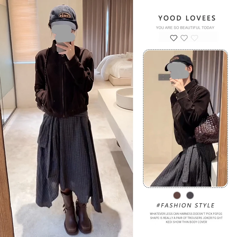 盐甜系穿搭复古时尚格子套装裙女春秋新款休闲外套显瘦长裙两件套