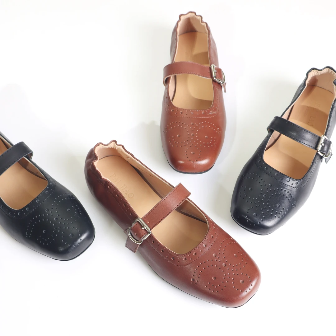 镂空雕花女新款英伦风复古马皮小皮鞋一字扣平底玛丽珍鞋XC6836-1