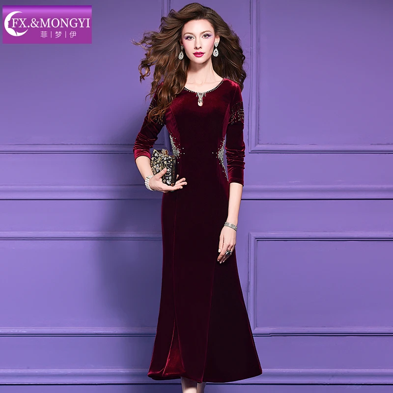 菲梦伊原创钉珠红色连衣裙女冬新款高贵金丝绒收腰礼服长裙66492