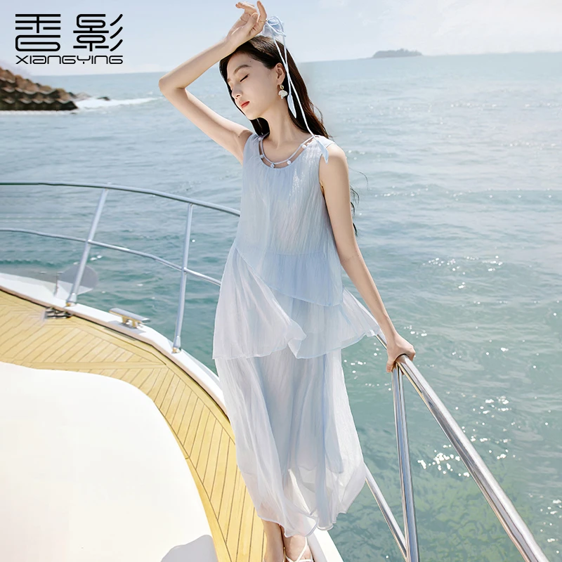 粉丝专享L85S637连衣裙 香影不规则荷叶边蓝色连衣裙夏季新