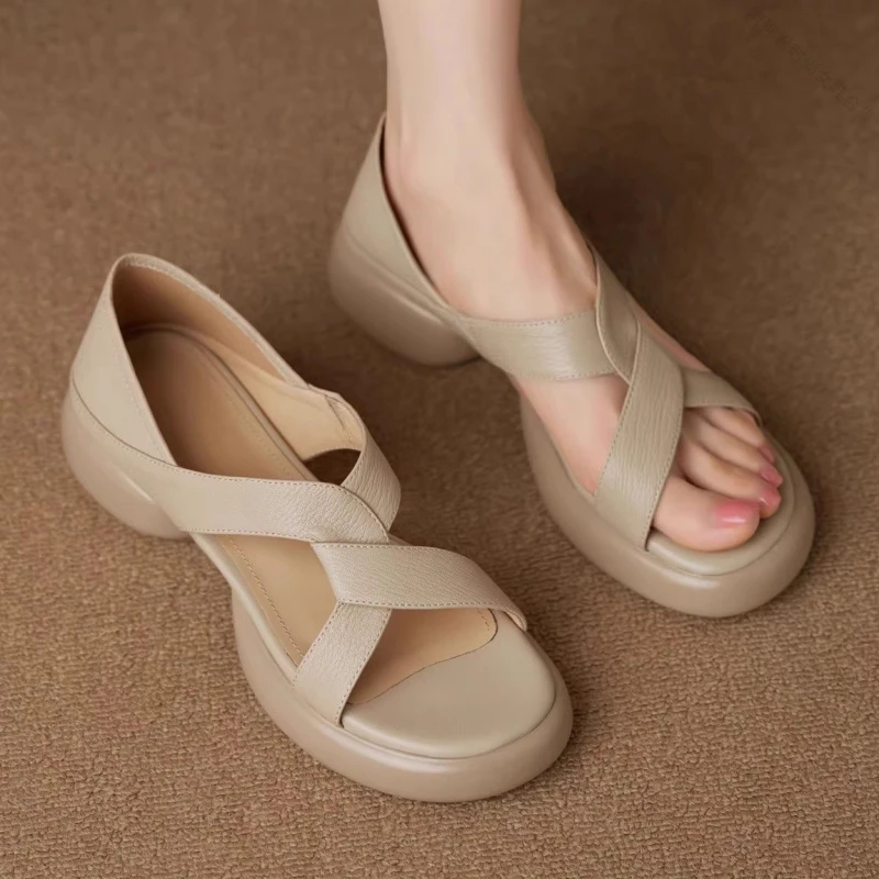 【万达撤柜】小罗原创韩版真皮厚底粗跟凉鞋女2025夏季款百搭休闲