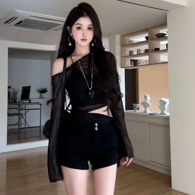 纯欲风辣妹性感斜肩长袖T恤女春夏季新款设计感防晒罩衫薄款上衣