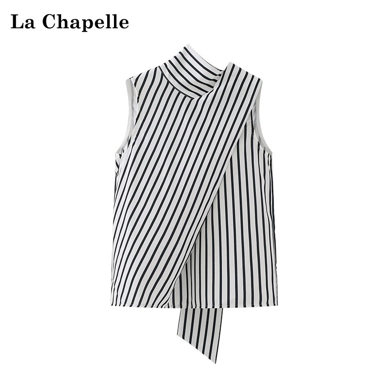 拉夏贝尔黑白条纹黑白条纹挂脖背心法式设计感无袖小衫女夏季高级