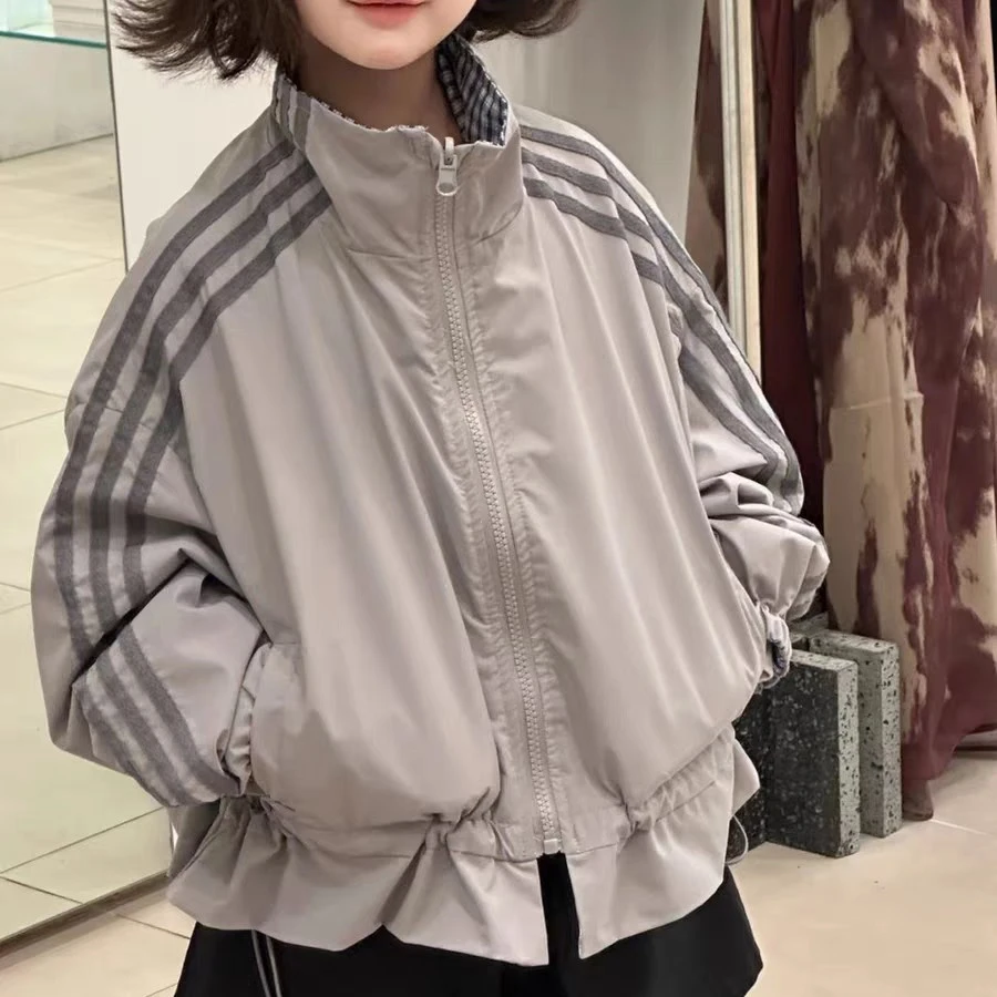 G607 女童女宝秋季加厚外套纯色冲锋衣卡通双面穿拉链上衣户外