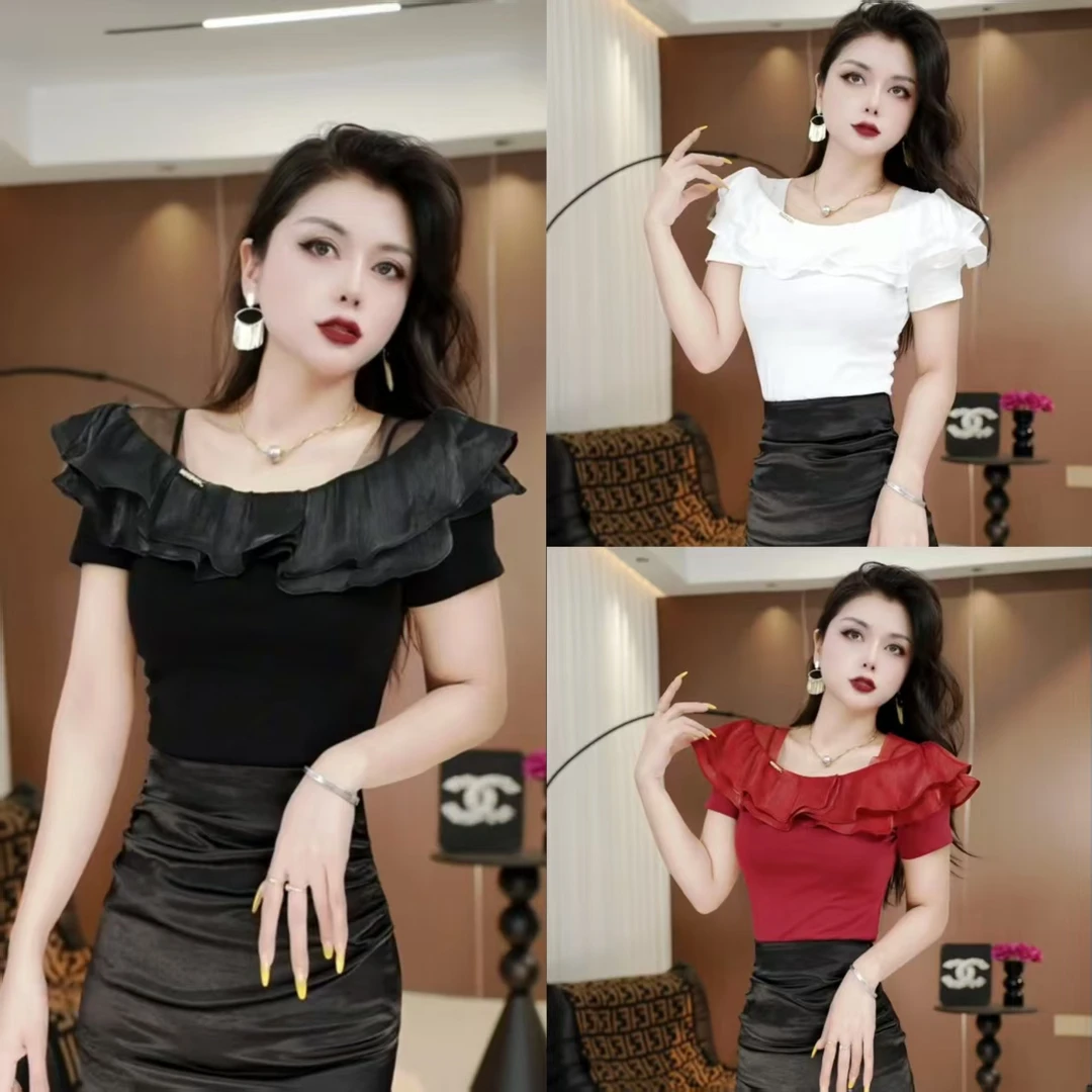 2025夏季新款气质拼接欧根纱时尚显瘦短袖女装110