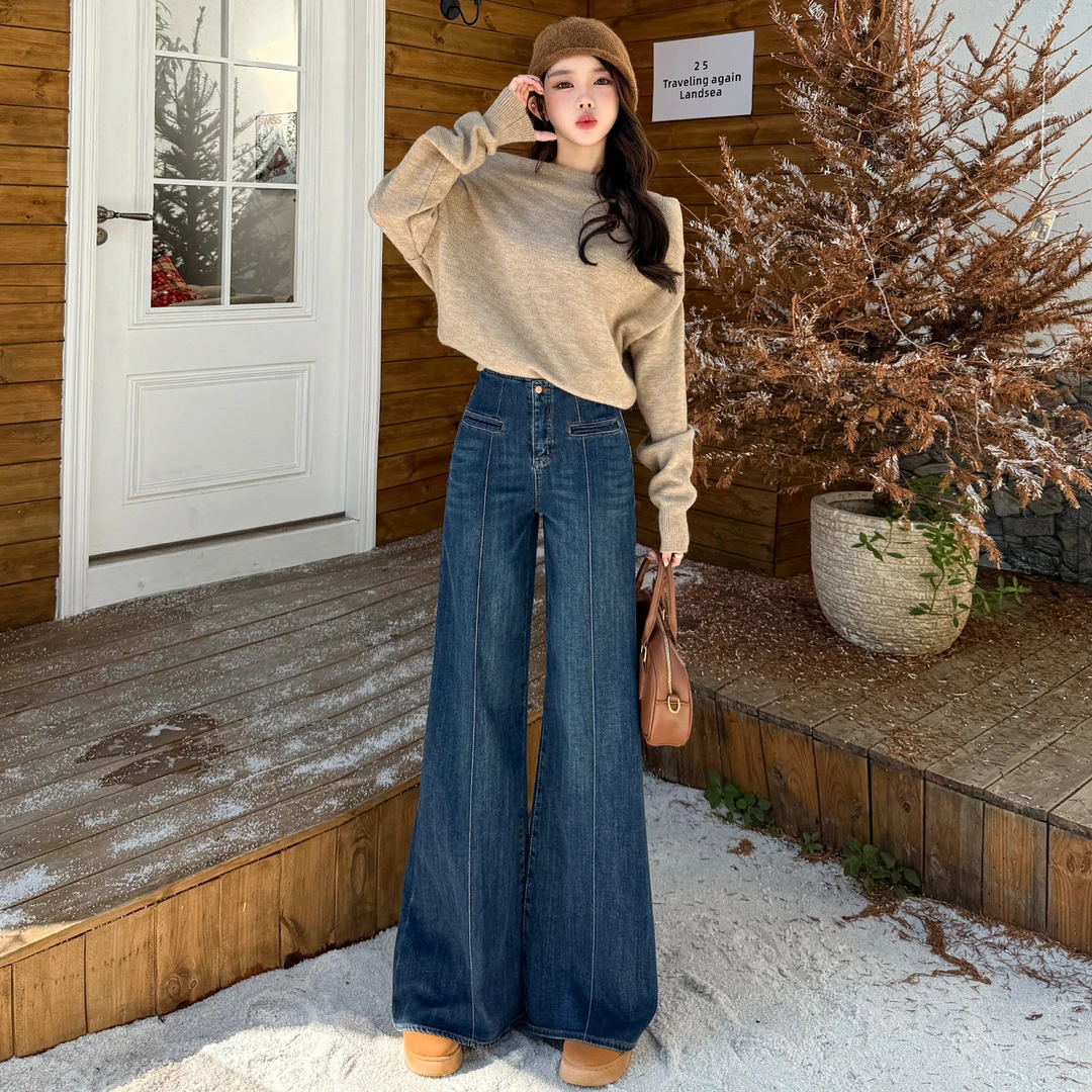 复古窄版阔腿牛仔裤女秋冬新款高腰拼接设计感遮胯不贴腿喇叭裤子