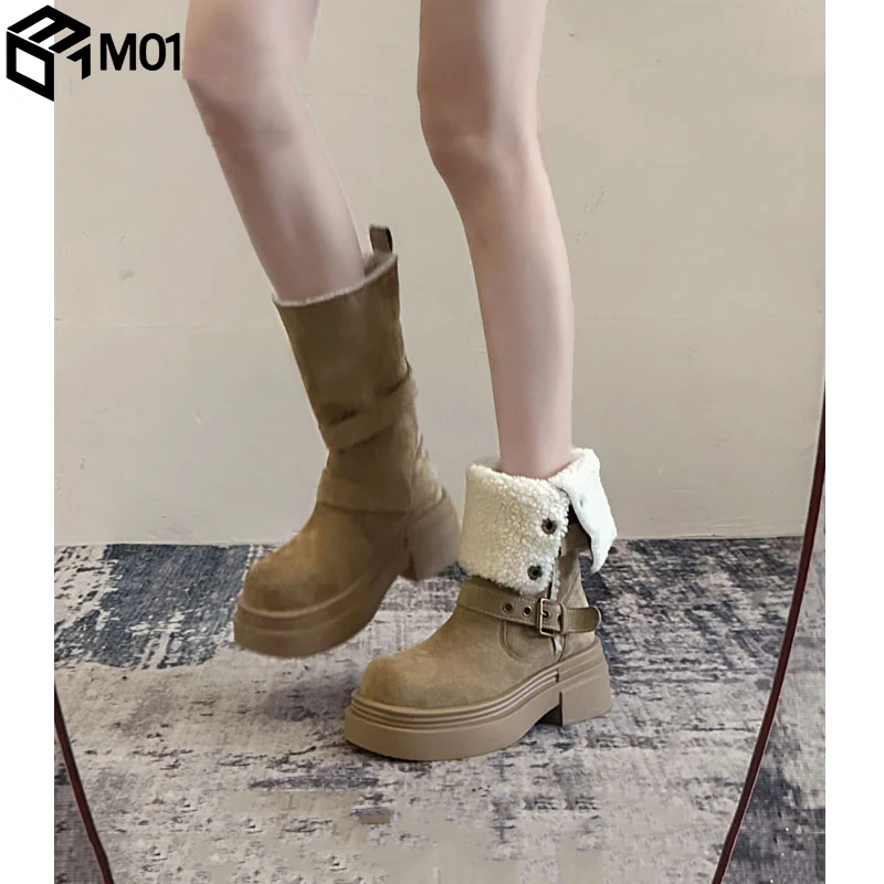M01两穿机车马丁靴女2025春秋新款厚底增高小个子加绒中筒短靴子