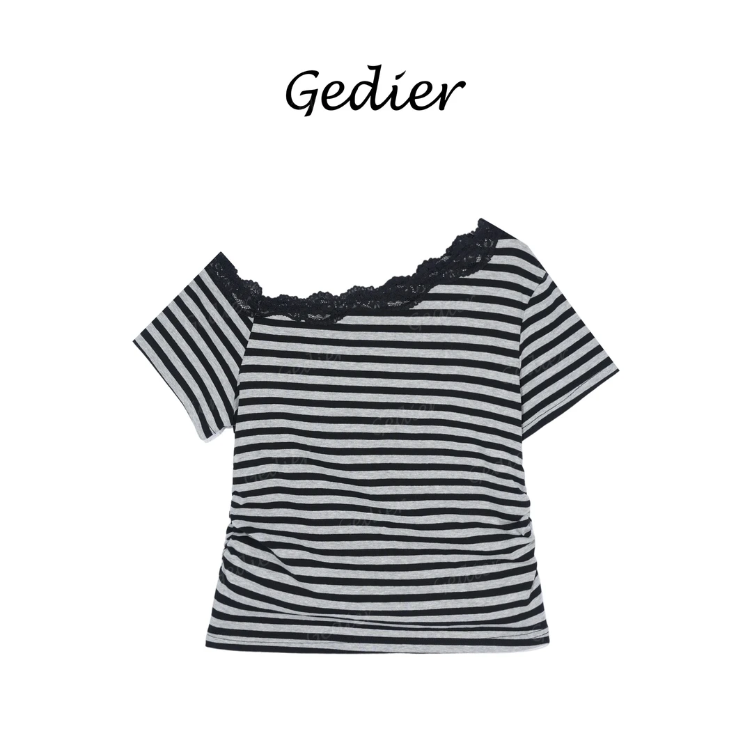 【歌蒂尔】2025夏季新款女士黑白条纹蕾丝装饰短袖上衣 TG520119Y