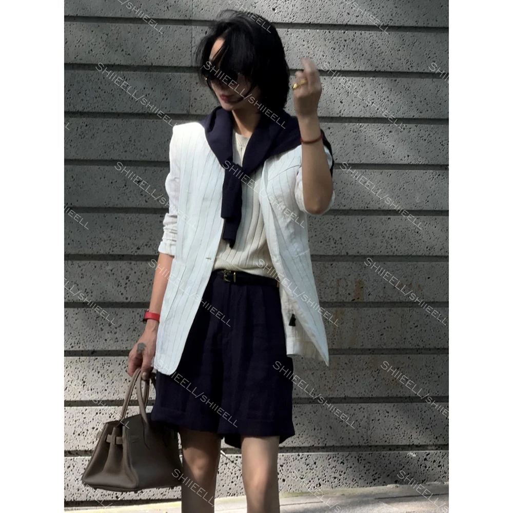 SHIIEELL极简高智感亚麻棉混纺条纹无领宽松薄款白色西装ZS352