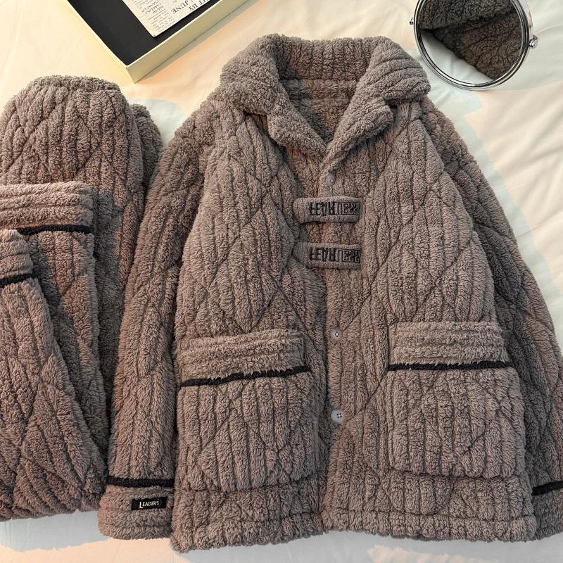 FAVMARTHA2025新款睡衣男士冬季加厚加绒珊瑚绒三层夹棉秋冬款法