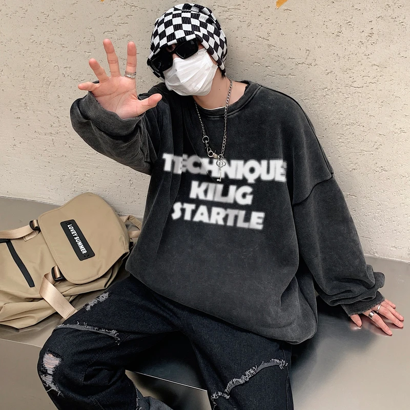 【11170包邮】2025春秋新款青少年学生港风圆领套头水洗做旧卫衣