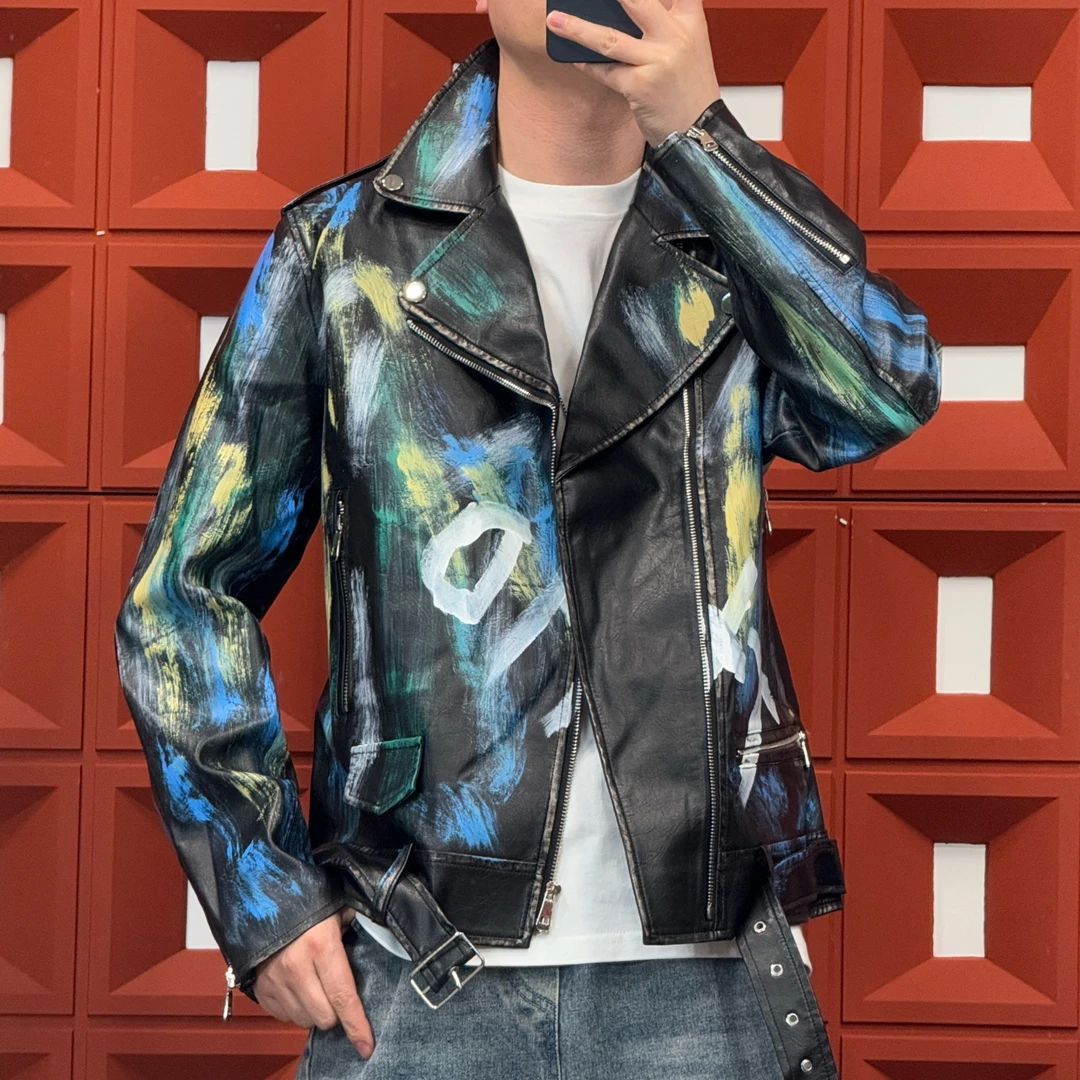 HK&NB x 艺术手绘系列 春秋新痞帅复古机车街头个性原创皮夹克