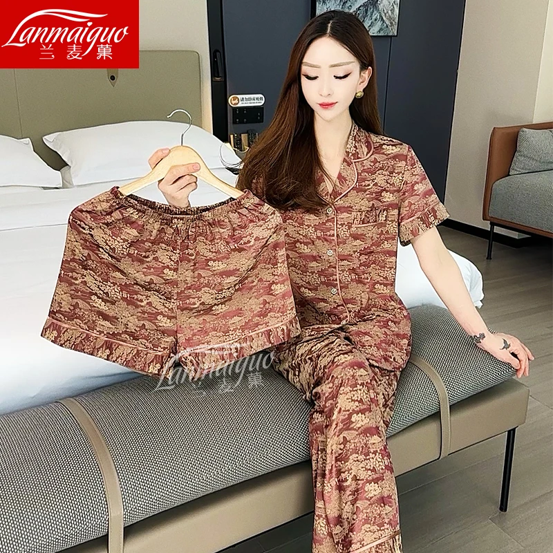 兰麦菓新中式国风睡衣女三件套2025夏季新款短袖薄款高级感家居服