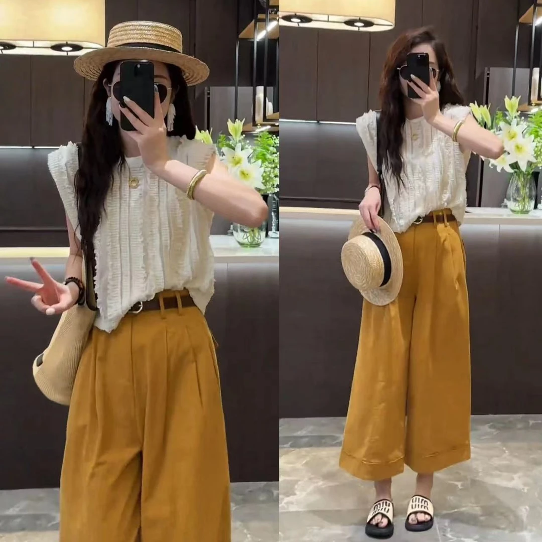 短袖套装上衣阔腿裤洋气时尚夏季宽松衬衫显瘦气质高腰休闲减龄