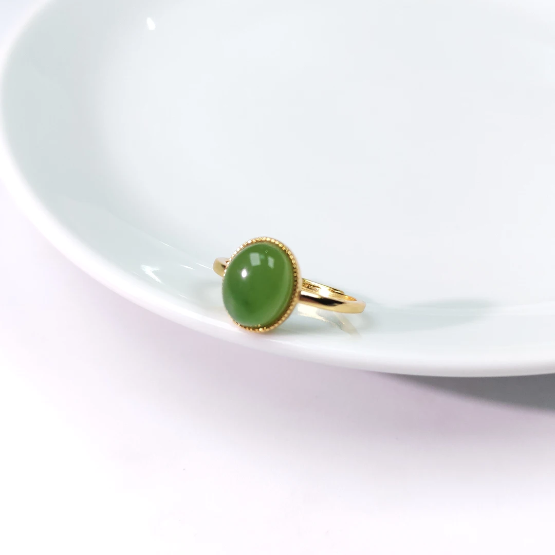 【华之京】和田玉碧玉戒指+ S925银镶 蛋面气质款开口戒-YS