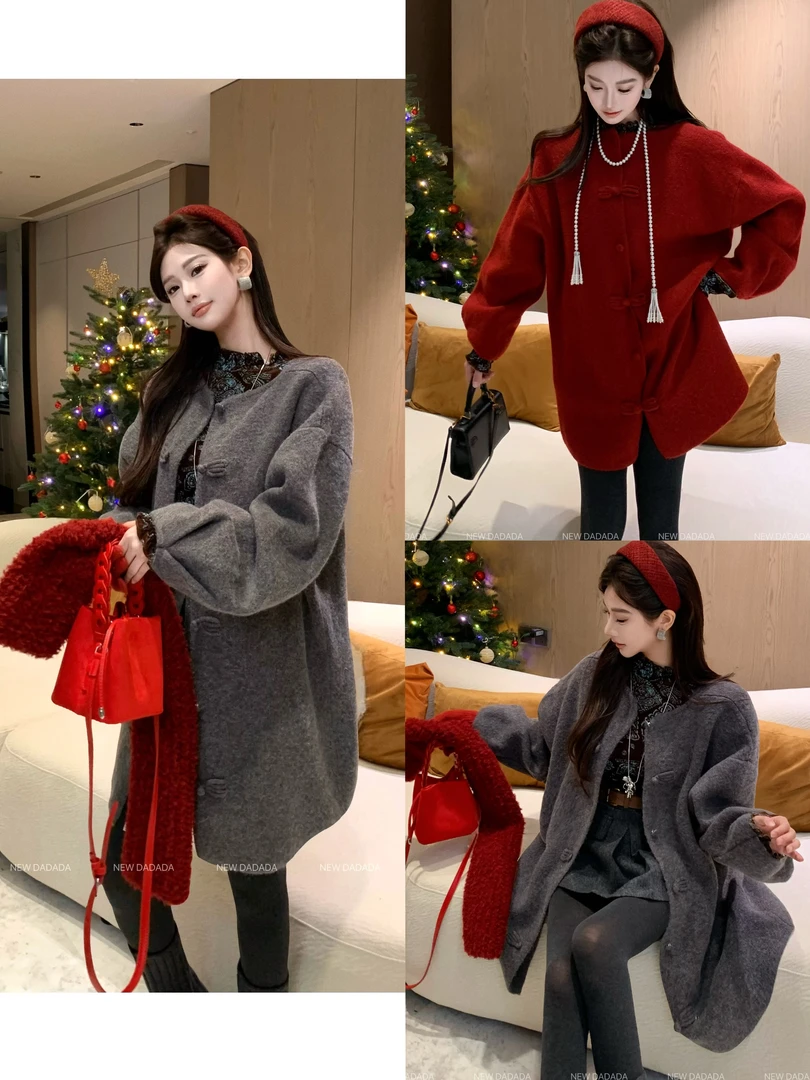 利达 NEW DADADA 复古宽松气质中长款休闲保暖毛呢外套DHM3728