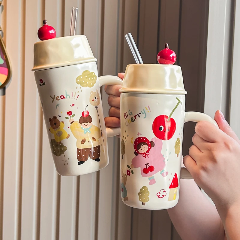 ins可爱樱桃马克杯2025新款大容量陶瓷杯情侣吸管水杯女生日礼物