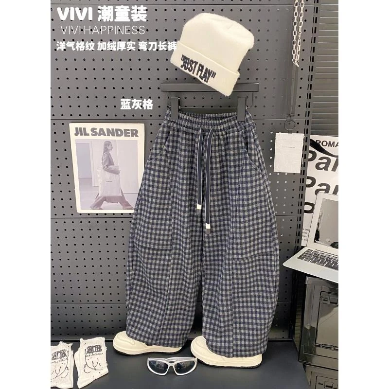 现货VIVI童装【挚爱格子】冬款亲子装中大童蓝灰格可束脚加绒弯刀裤