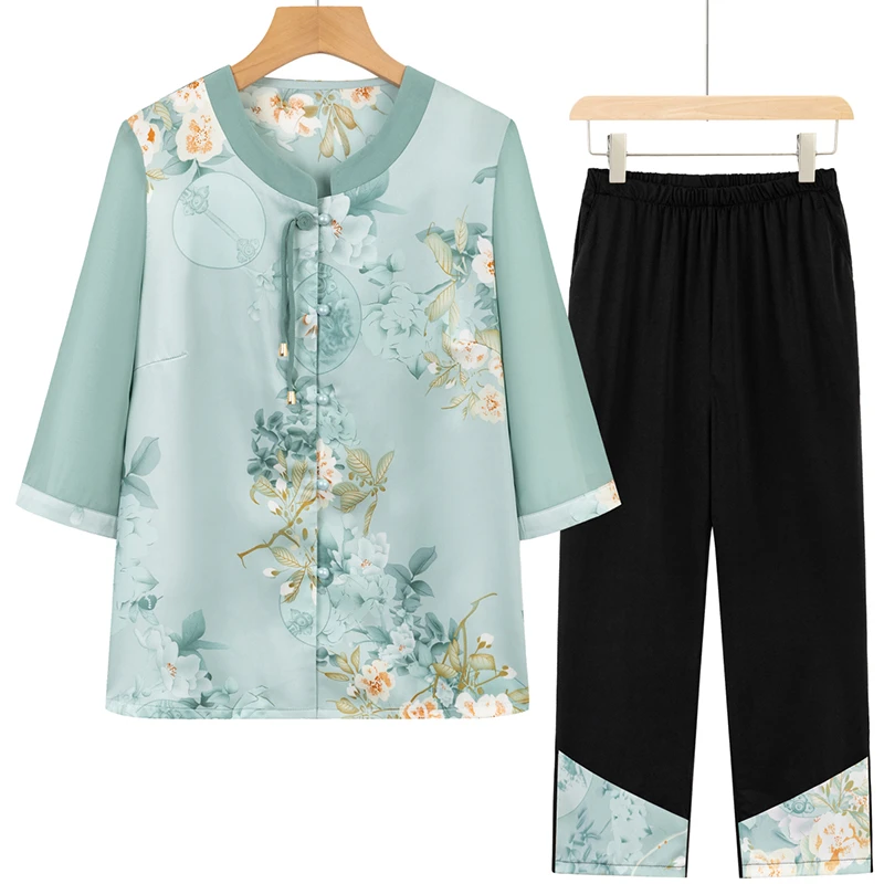 中老年女装夏季休闲套装新中式大码妈妈装中国风上衣奶奶装两件套