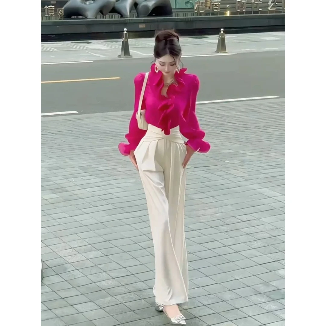 玫红色木耳边衬衫职业套装裤秋季气场强大女装大方得体穿搭一整套