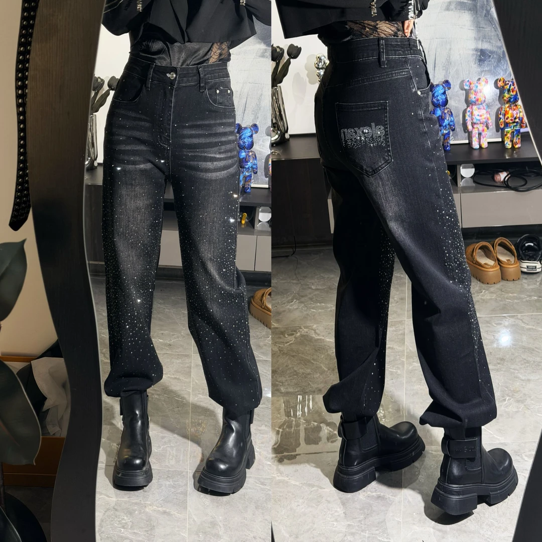美式设计感重工闪闪烫钻弯刀牛仔裤女2025秋冬新款春秋窄版阔腿裤