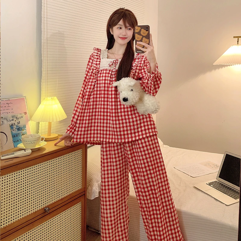 炸姐长袖睡衣女春秋季2025新款红格方领休闲套装大码家居服可外穿