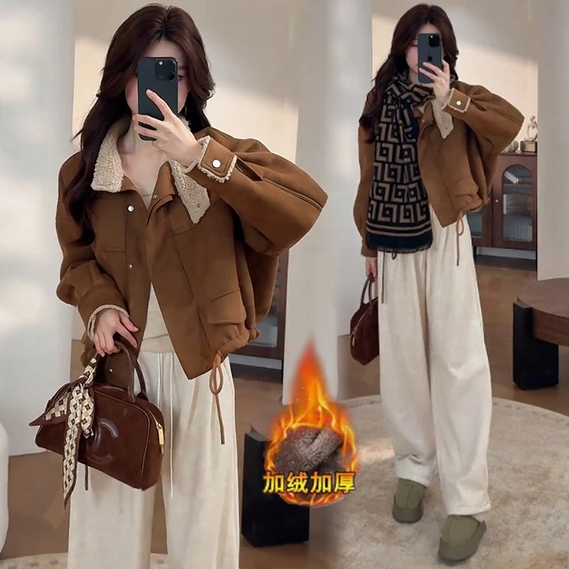 时尚加绒加厚短款外套女2025冬季新款洋气小个子保暖皮毛一体上衣