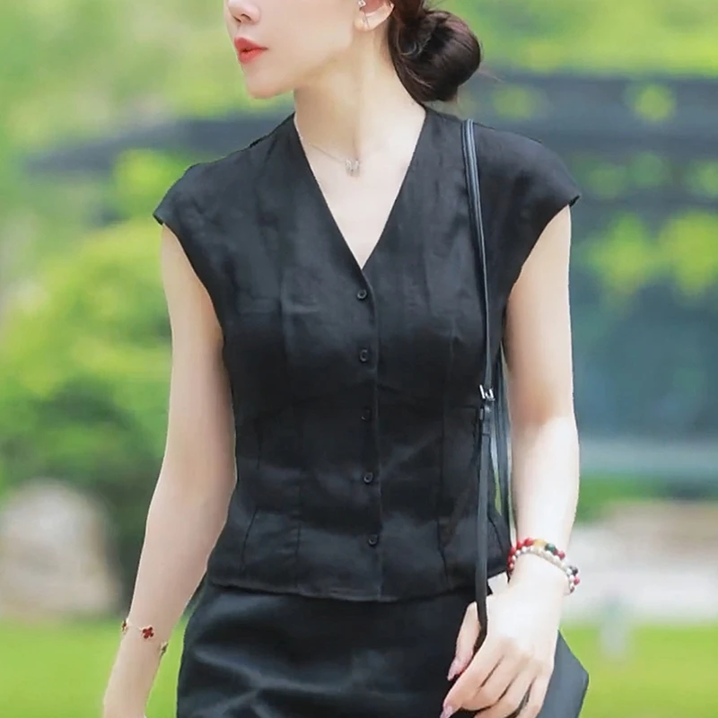 纯色v领衬衫女士2025夏季修身显瘦减龄高级感小飞袖气质短袖上衣