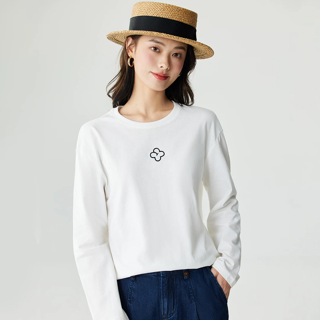 【茵曼女装】茵曼时尚长袖T恤圆领休闲舒适打底衫K18412764H1