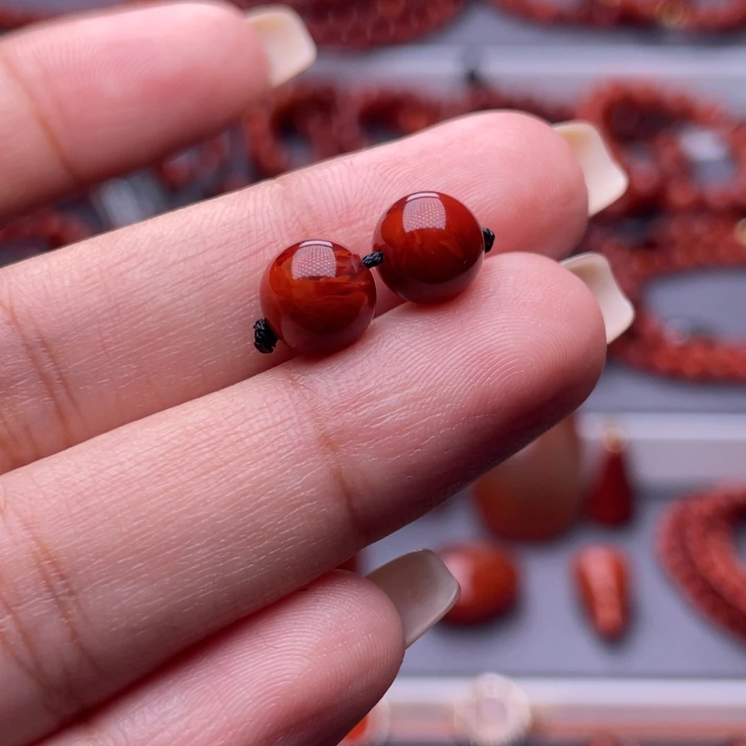 不***.南红玛瑙未镶嵌其他原矿）收藏级7.9mm瓦西玫红火焰满肉对珠