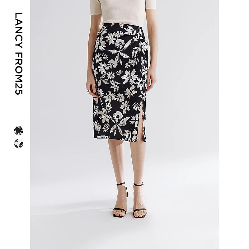 朗姿高腰黑白印花双色半身裙修身开衩2025年夏季新款高级感碎花裙
