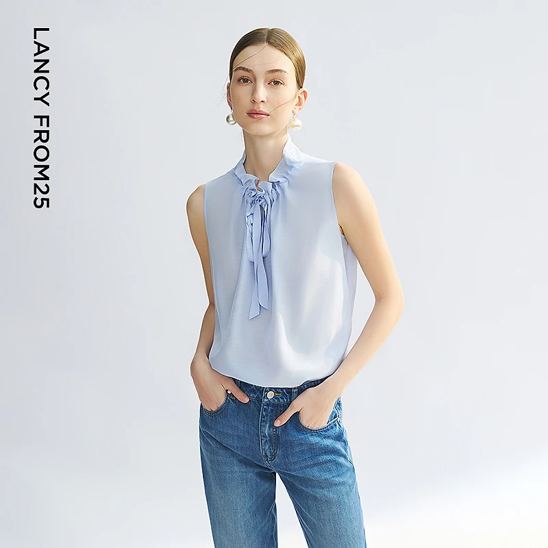 朗姿气质高级感法式2025年夏季新款花苞领飘带无袖黑色衬衫设计感