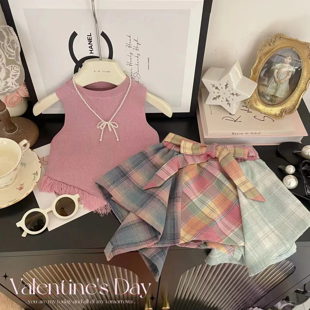 女童套装夏季新款2024女宝宝韩版流苏背心+设计感格子裙裤两件套