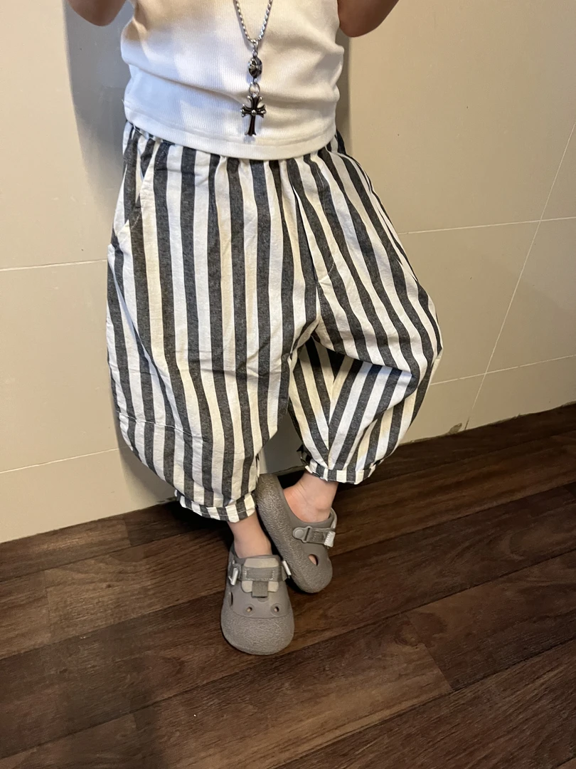 令佳潮牌2025年款衣服儿童夏季条纹棉麻薄款宝宝防蚊裤子男童2809