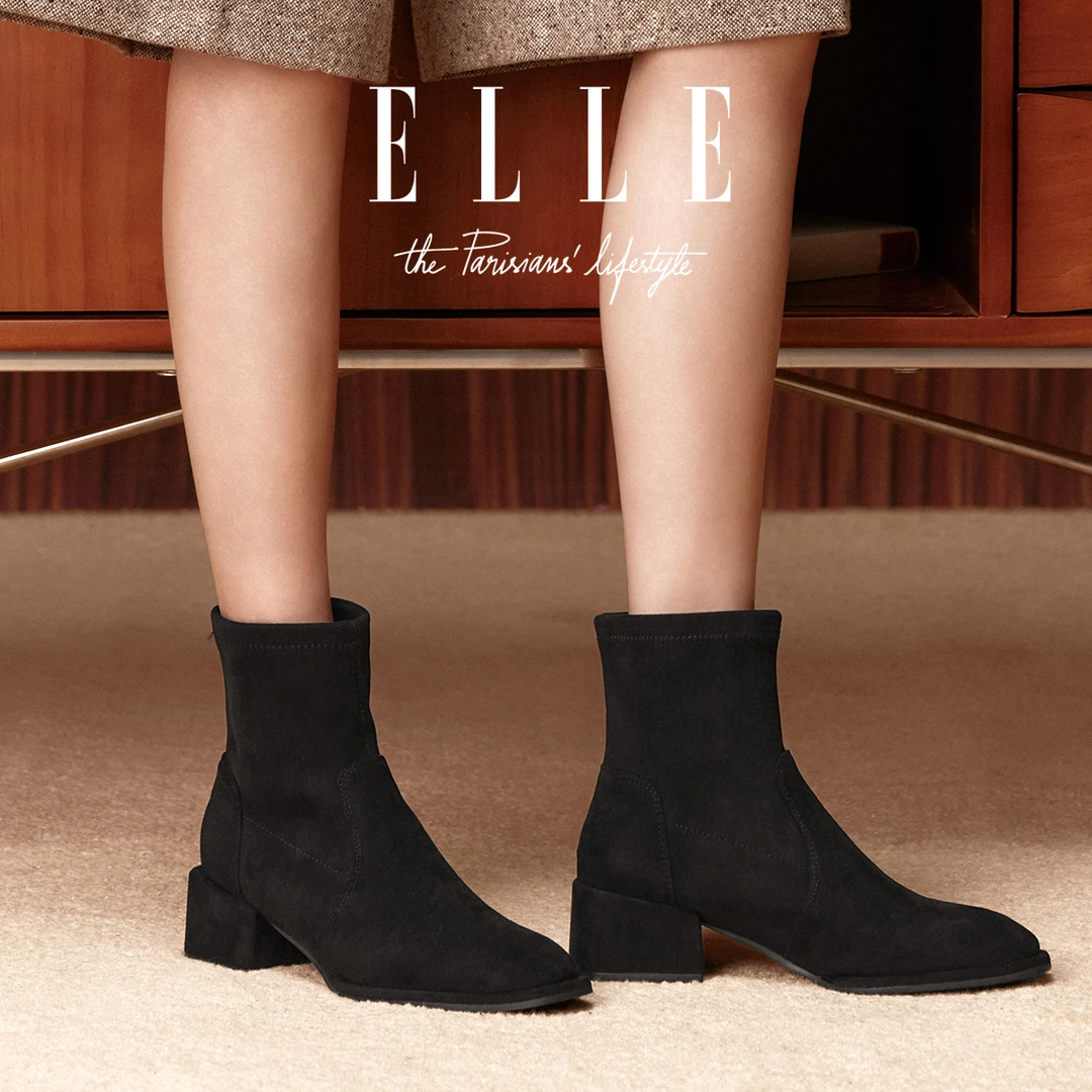 ELLE法式短靴女2025秋冬裸靴中跟粗跟加绒袜靴网红绒面弹力瘦瘦靴