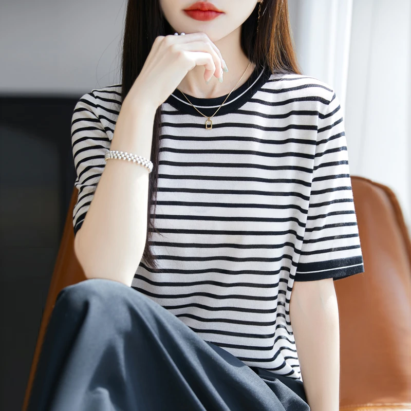 100%莱塞尔条纹撞色圆领短袖针织衫夏季凉感女士百搭减龄半袖上衣