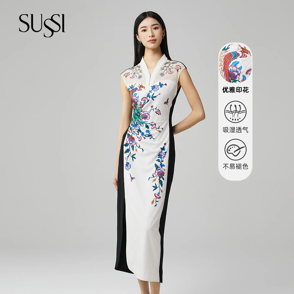 SUSSI/古色25春商场同款新中式V领收腰开衩印花连衣裙女