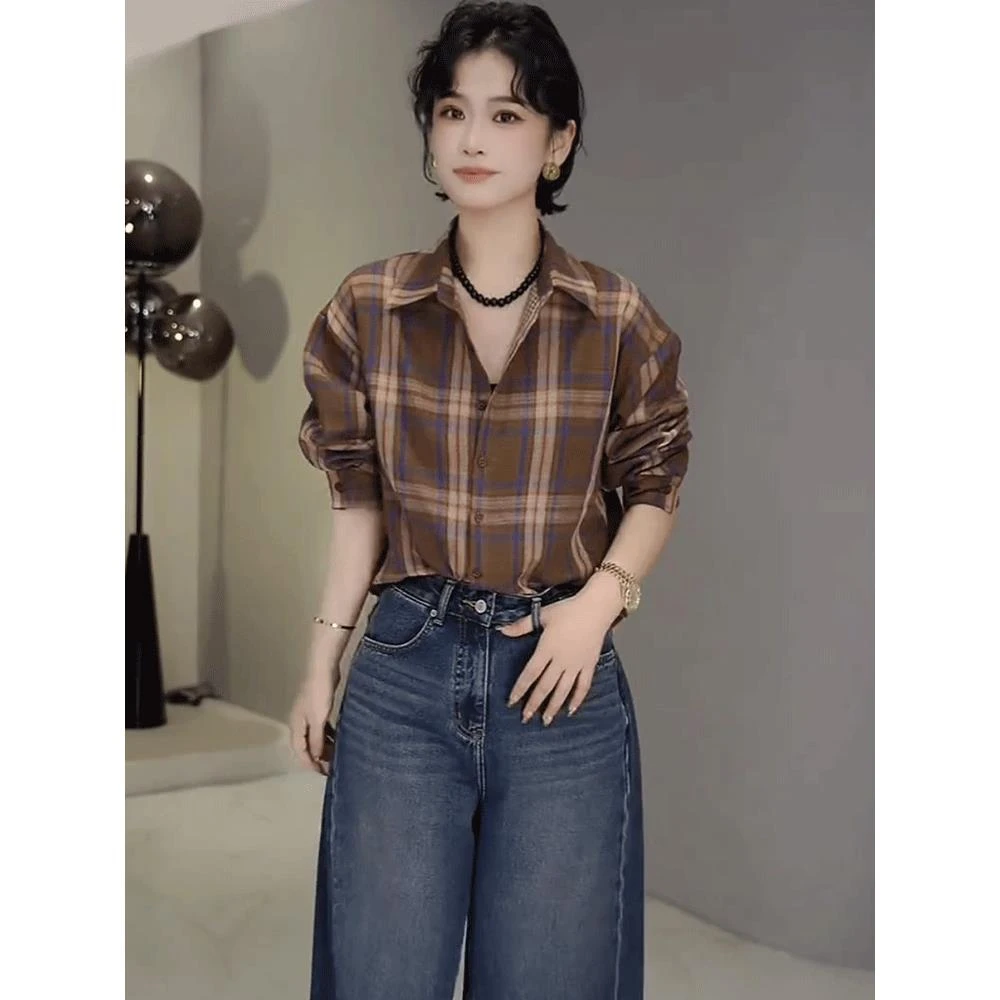 复古时尚双层棉纱长袖格子衬衫女秋季新款宽松衬衣ins慵懒风上衣