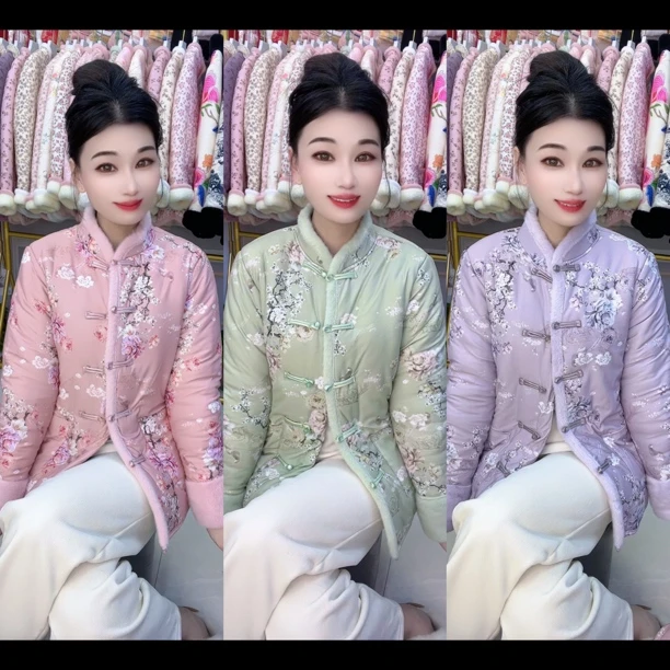 （送运费险）新中式加绒国风女士冬季棉服外套复古盘扣气质碎花棉袄