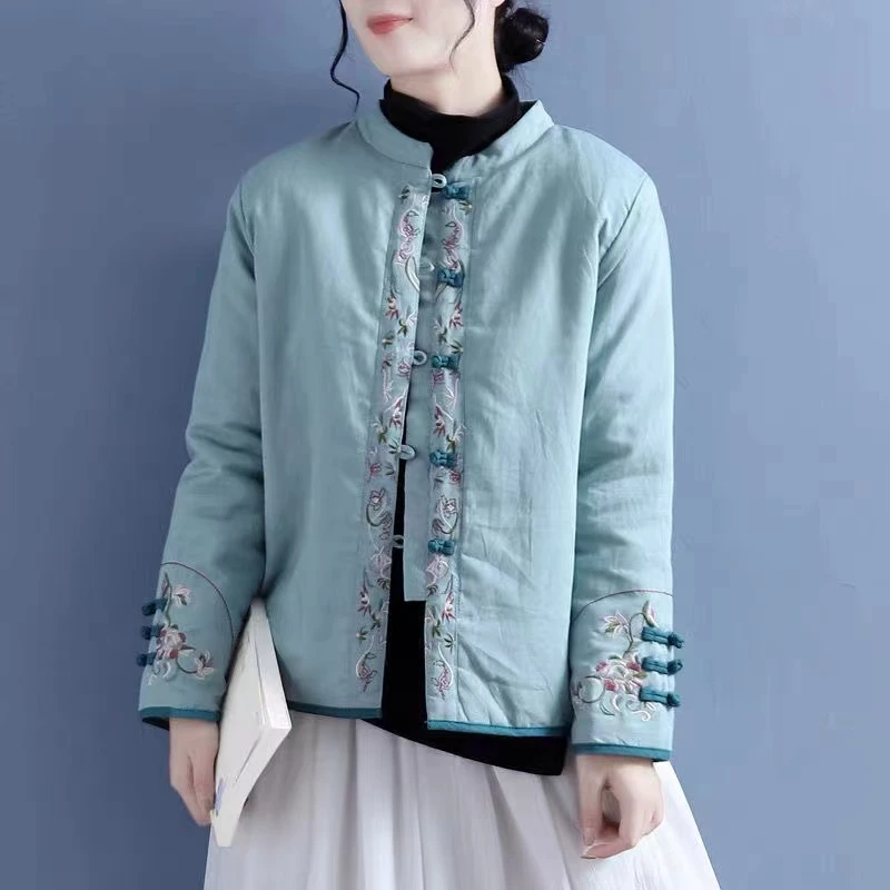 冬季中国风棉麻绣花棉服女复古盘扣立领对襟棉衣中式厚外套棉服
