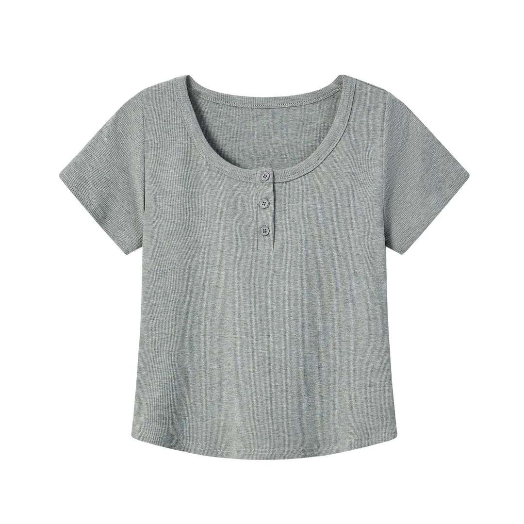 大码胖mm灵活纽扣U领纯色短袖T恤女2025新款夏季休闲风正肩上衣