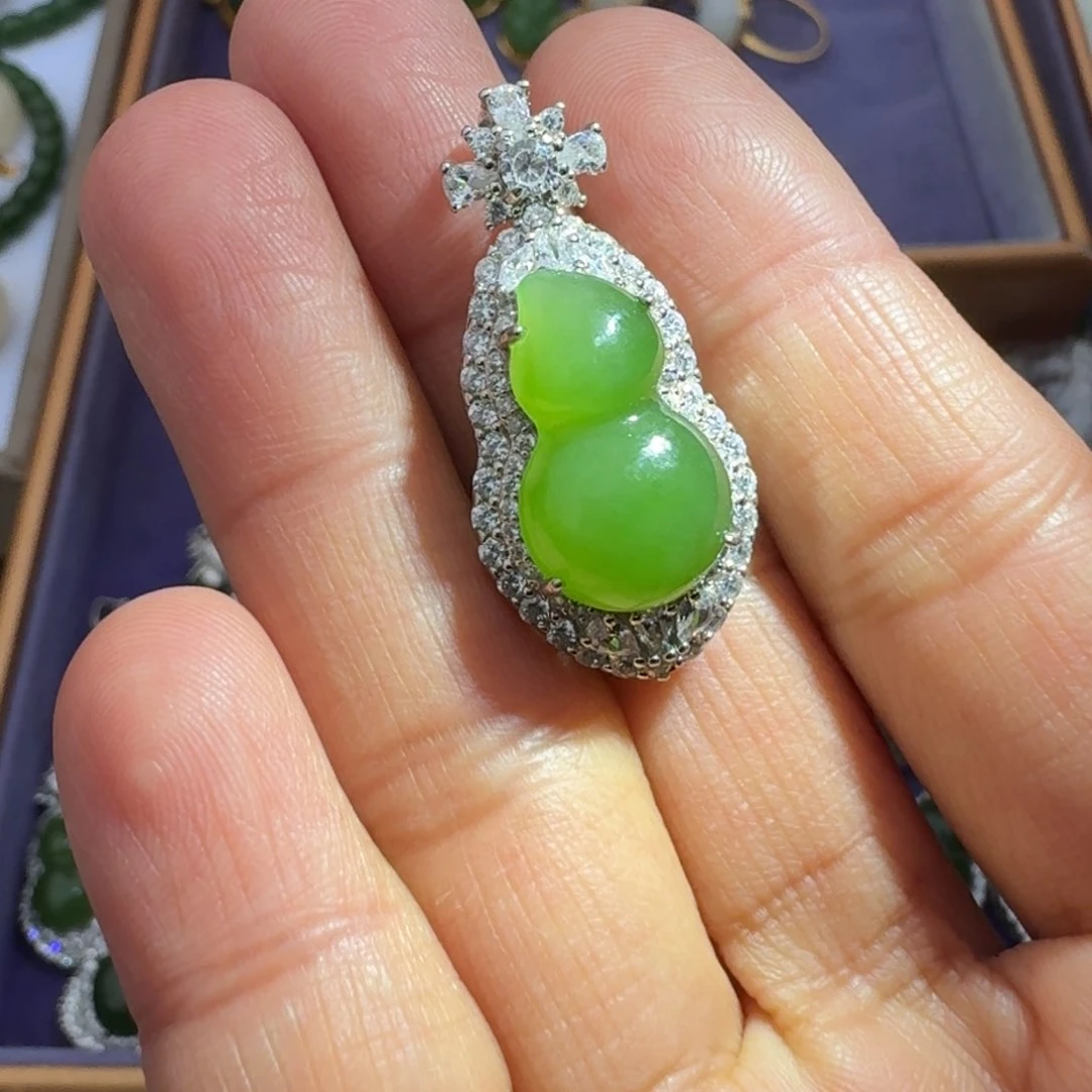 和田玉颈饰银S925镶嵌碧玉葫芦TZ多样性拍一发一